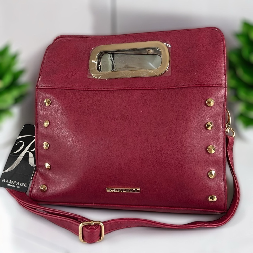 Rampage Burgundy Red & Gold Accent Studded Vegan Leather Convertible Bag New
